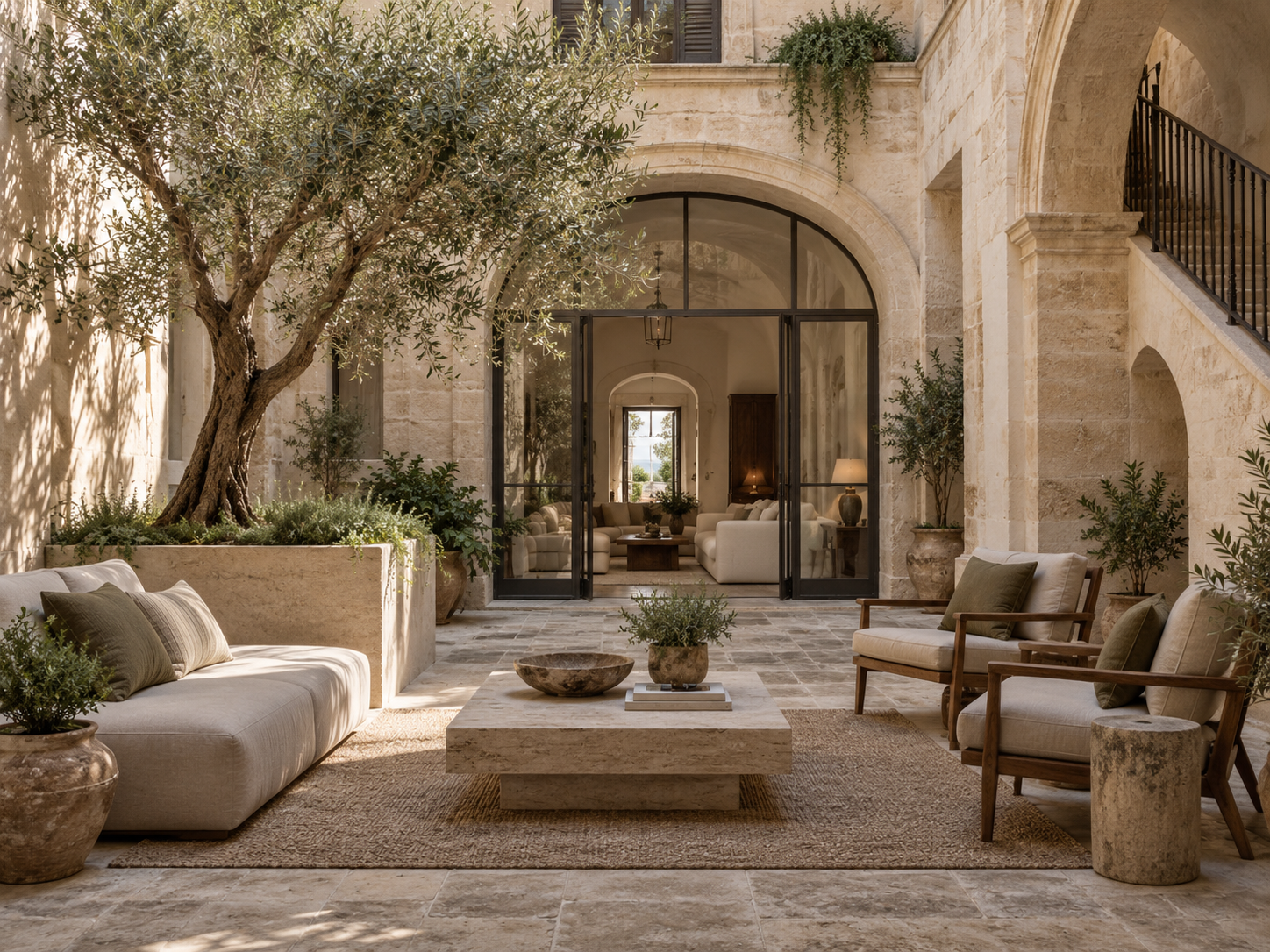 Restored Maltese limestone courtyard with contemporary interior